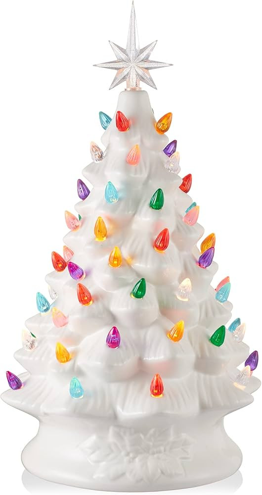 Casafield Hand Painted Ceramic Christmas Tree, White 15-Inch Pre-Lit Tree with 128 Multi Color Li... | Amazon (US)
