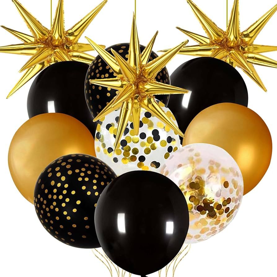 Cadeya 75 Pcs Black Gold Confetti Balloons, Huge Gold Explosion Star Aluminum Foil Balloons for B... | Amazon (US)