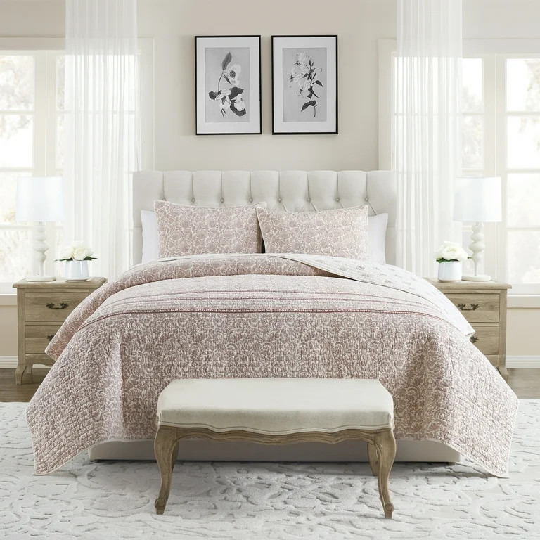 My Texas House Kourtney 2-Piece Taupe Floral Reversible Cotton Quilt Set, Twin XL - Walmart.com | Walmart (US)
