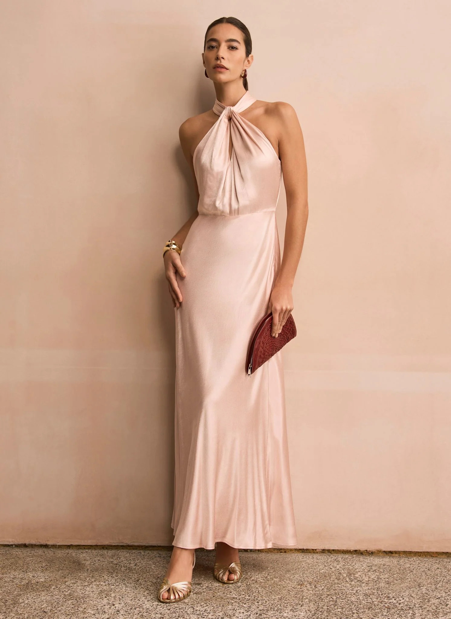Pink Satin Halter Maxi Dress | Mint Velvet