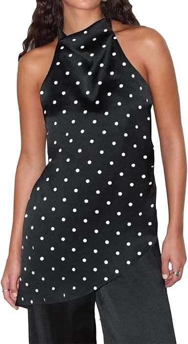 ABYOVRT Women Polka Dot Satin Halter Top Backless Side Slit Tank Tops Going Out Clubwear | Amazon (US)