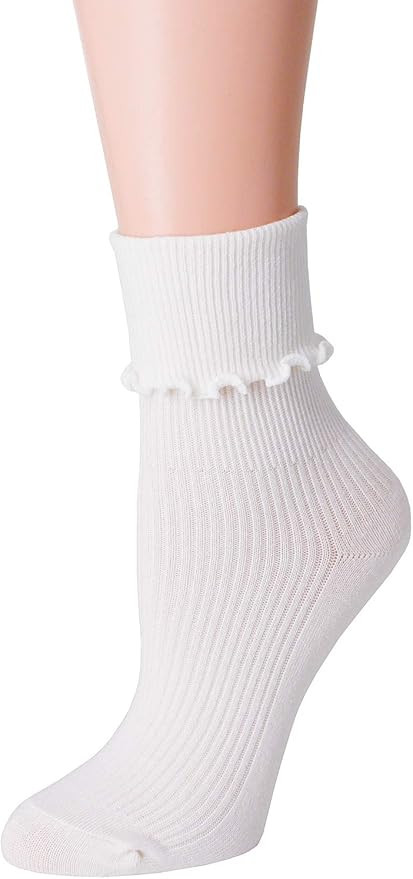 SRYL Women Ankle Socks Ruffle Turn-Cuff ,Lovely double needle solid color edge relent Girl socks | Amazon (US)