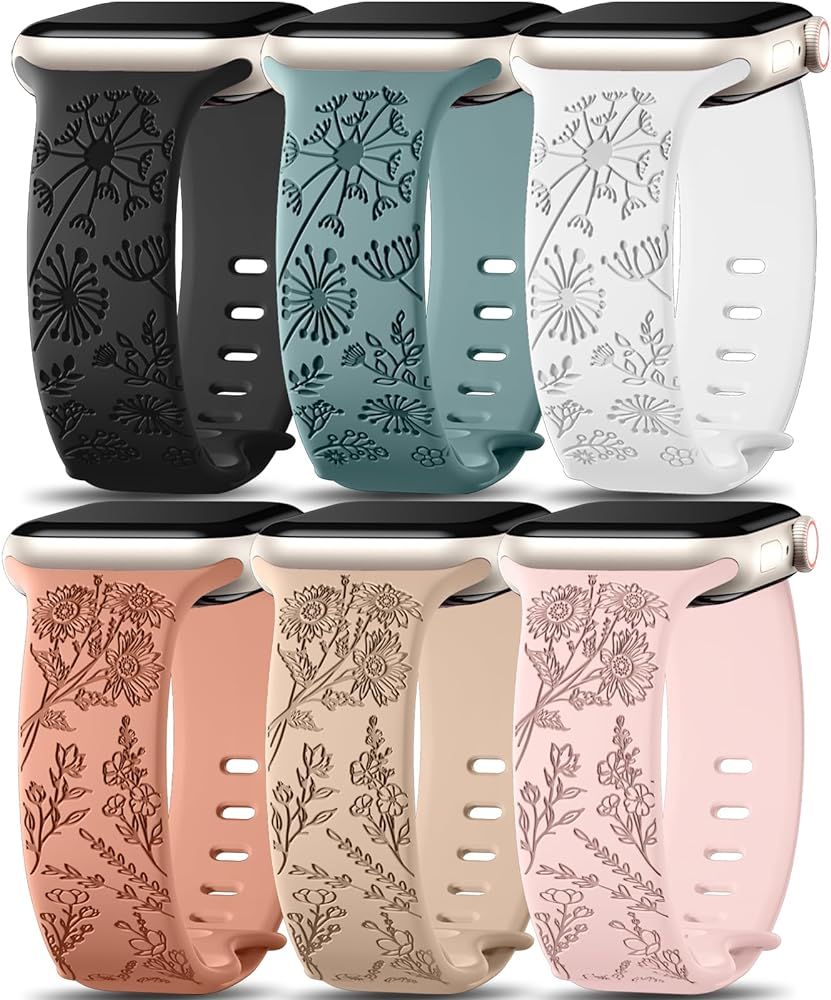 6 Pack Flower Engraved Bands Compatible for Apple Watch Band 40mm 41mm 38mm 42mm 44mm 45mm 49mm W... | Amazon (US)