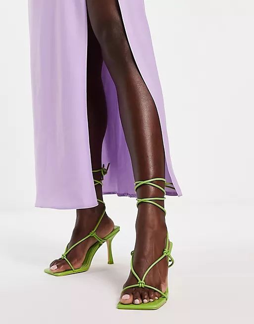 Public Desire Harriet heel sandals with ankle tie in lime green | ASOS (Global)