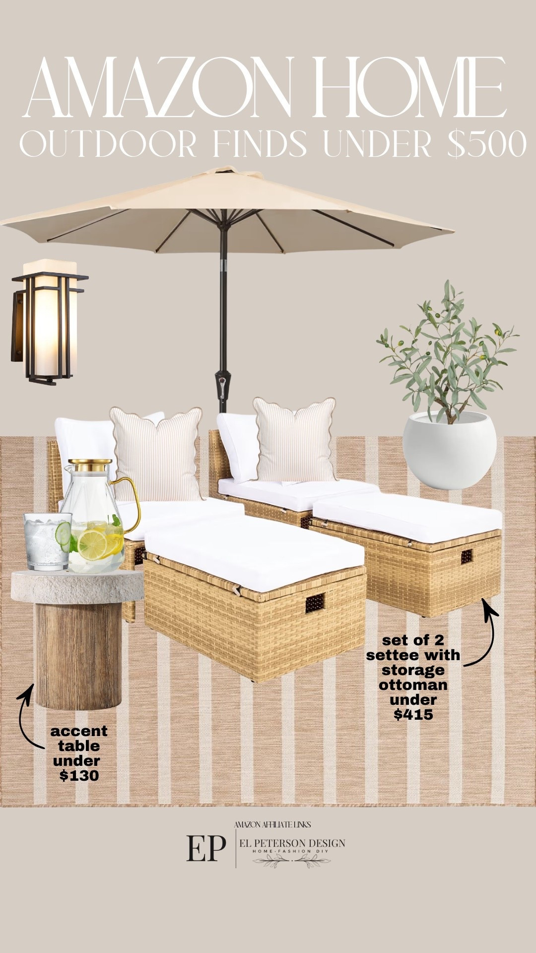 Amazon Outdoor Finds
Rug
Planter
Potted plant
Accent table
Pitcher
Glasses 
Outdoor lighting
Outdoor umbrella
Lounger 

#LTKHome