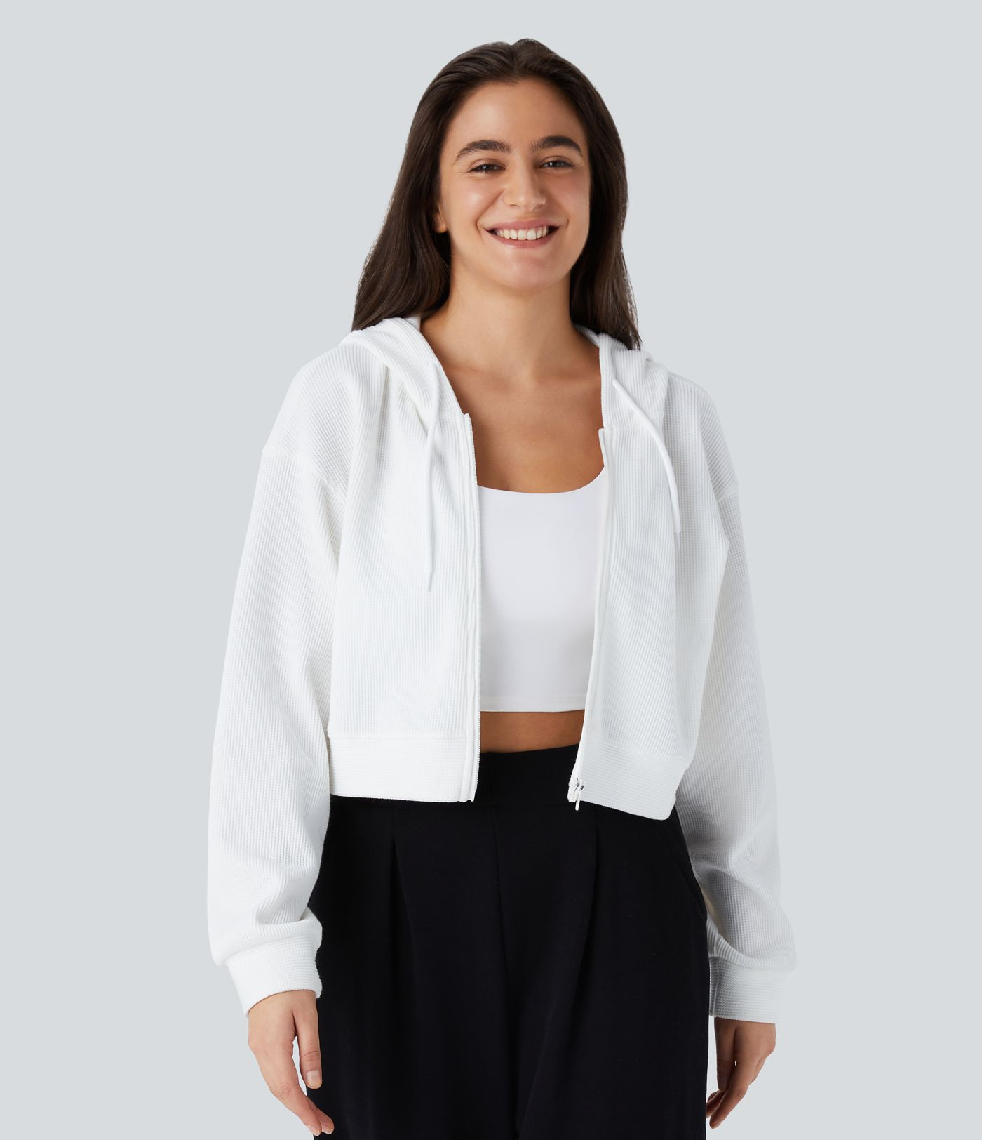 Waffle Hooded Drawstring Zipper Cropped Casual Cotton Sports Sweatshirt | HALARA