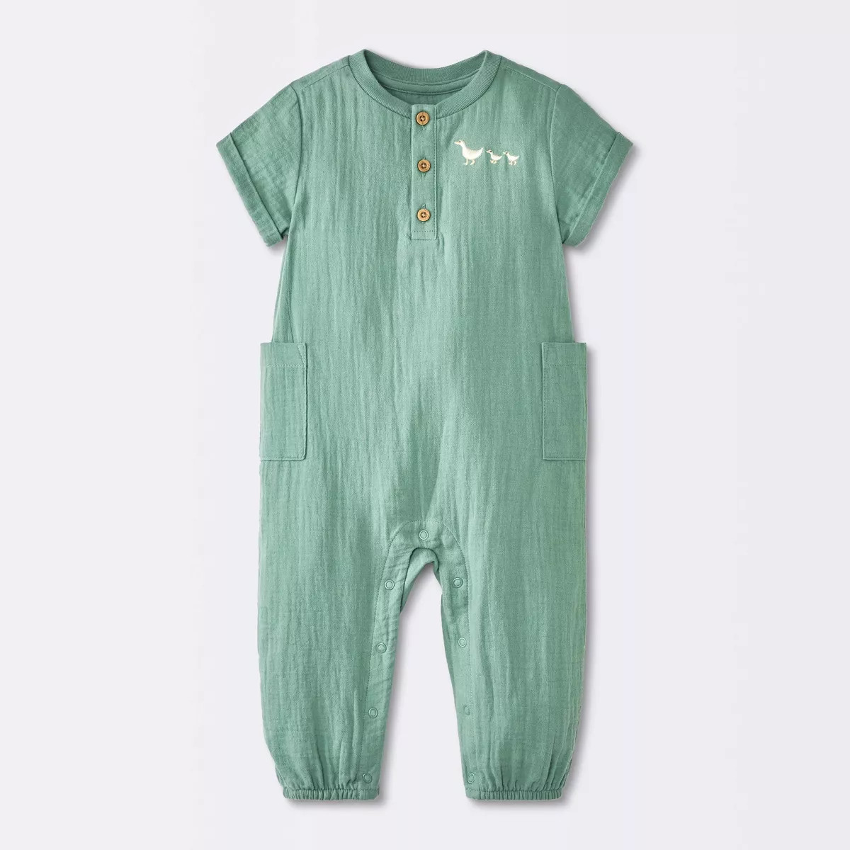 Baby Boys' Embroidered Ducks Graphic Textured Pocket Romper - Cloud Island™ Green 24M | Target
