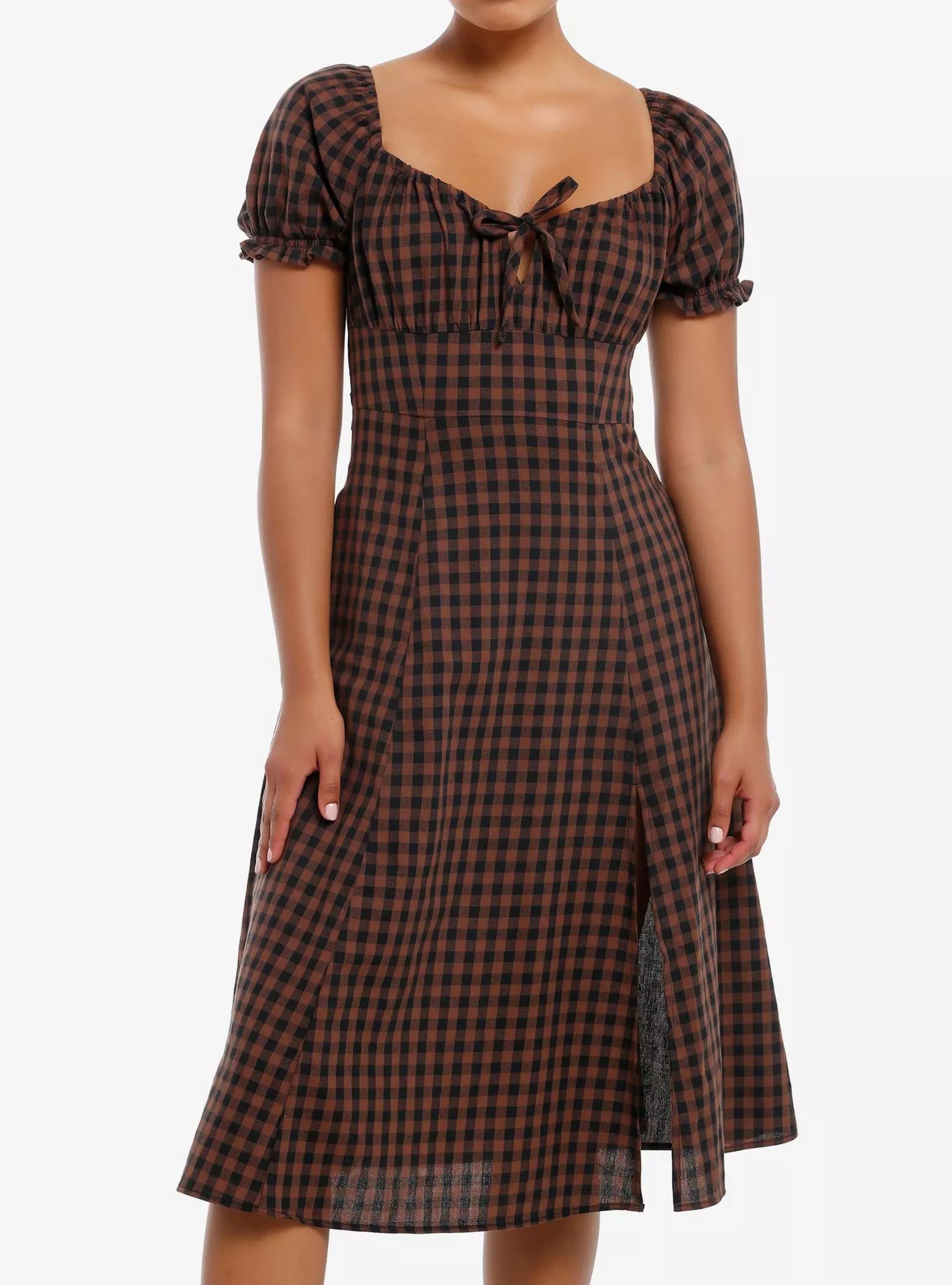 Thorn & Fable Brown & Black Checkered Empire Waist Midi Dress | Hot Topic