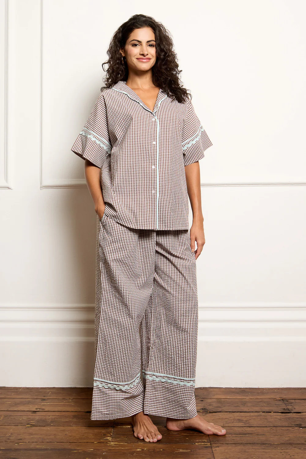 Womens Gingham Oversize Pyjamas Chocolate Check With Blue Contrast Ric Rac Trim | Their Nibs UK