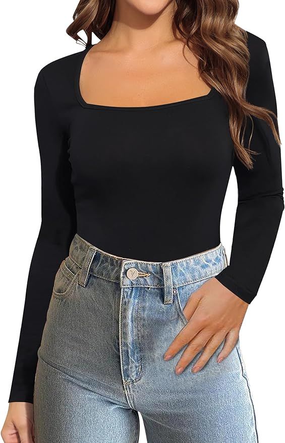 Sherosa Women's T-Shirts Square Neck Long Sleeve Shirts Basic Cute Slim Fit Fall Tops 2023 | Amazon (US)