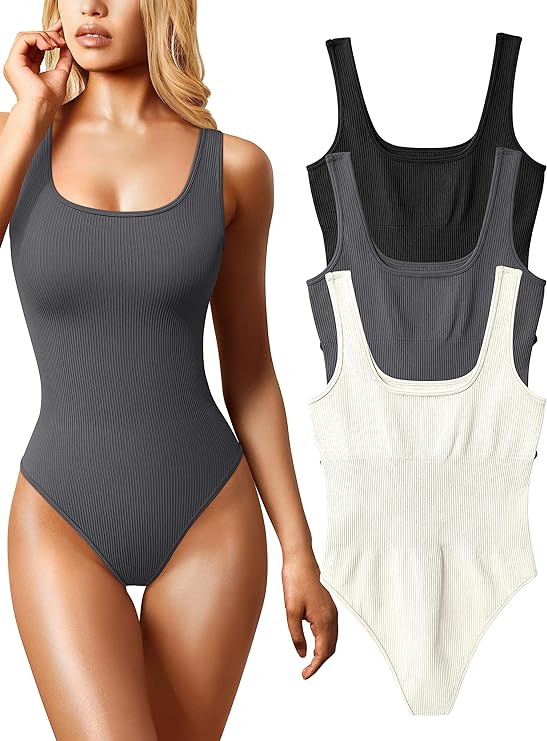 OQQ Women's 3 Piece Bodysuits Sexy Ribbed Sleeveless Square Neck Tank Tops Leotard 2025 Trendy Ou... | Amazon (US)