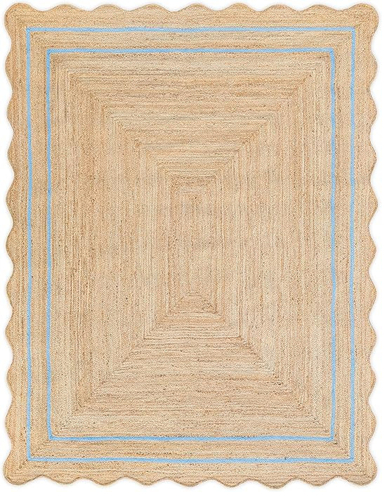Wave Scalloped Natural Jute Runner, Sky Blue (8'x10'): Boho Farmhouse Entryway Scallop Rug | Amazon (US)