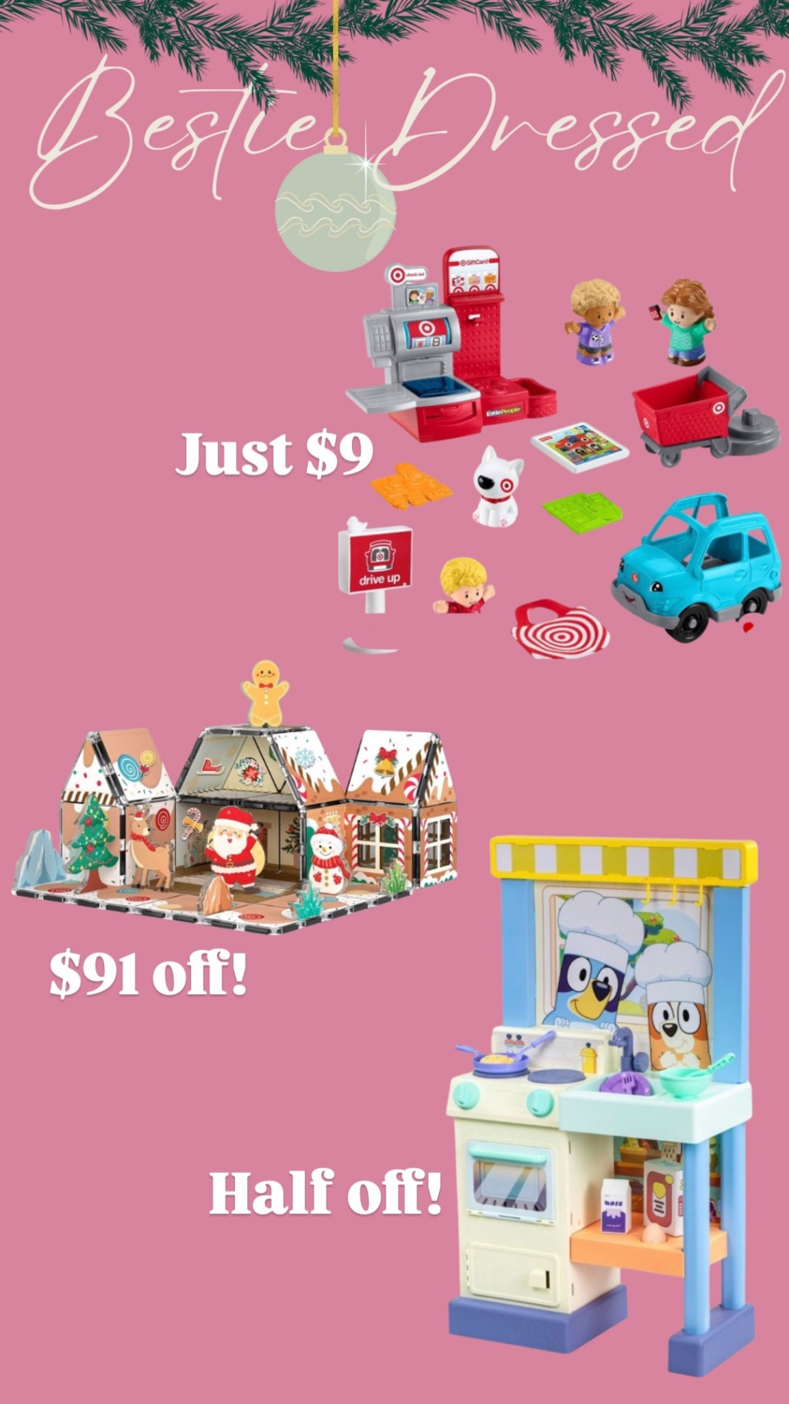 Target toy deals
Fisher price little people 
Magnatiles
Bluey toys 

#LTKGiftGuide #LTKFindsUnder50