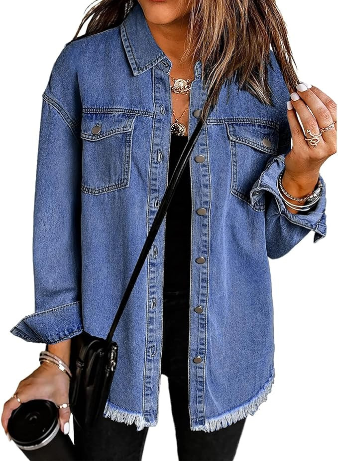 Zeagoo Jean Jackets for Women Ripped Fringe Denim Jean Jacket Casual Long Sleeve Pockets Jackets ... | Amazon (US)