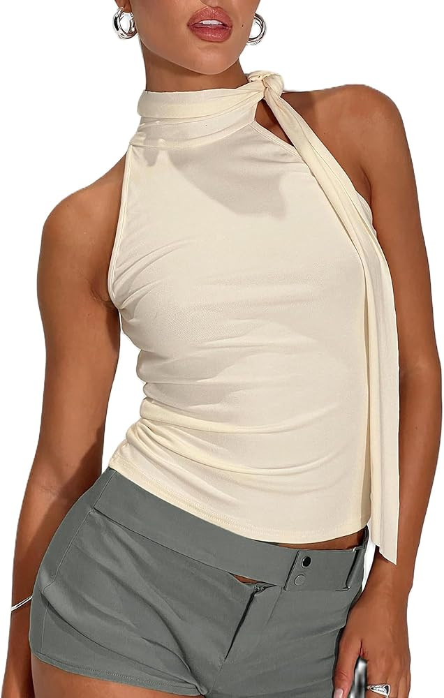 Off Shoulder Halter Mock Neck Tops for Women Cute Club Rave Going Out Top Bow Tie Sleeveless Crop... | Amazon (US)