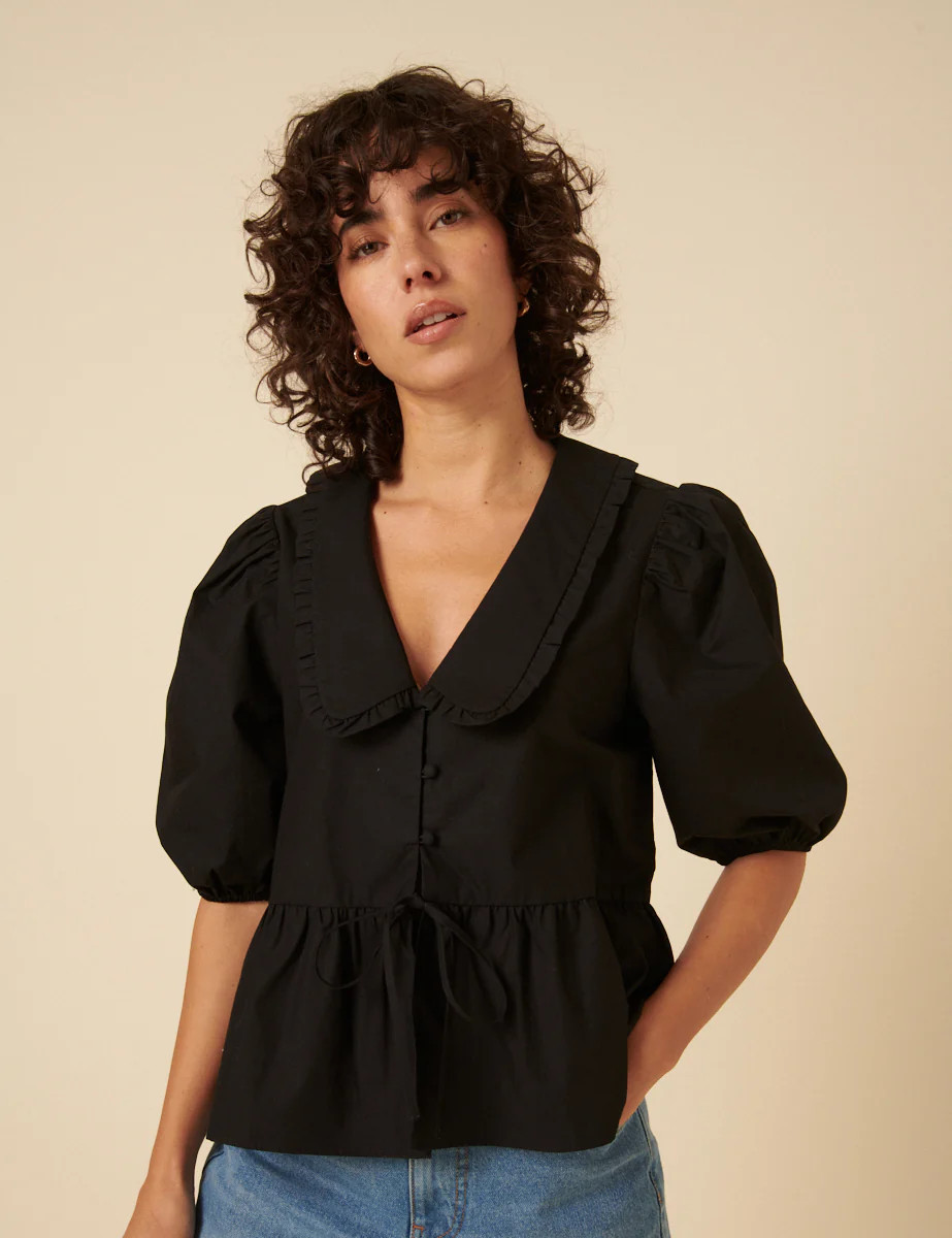 Black Puff Sleeve Tie Front Blouse | Nobody's Child