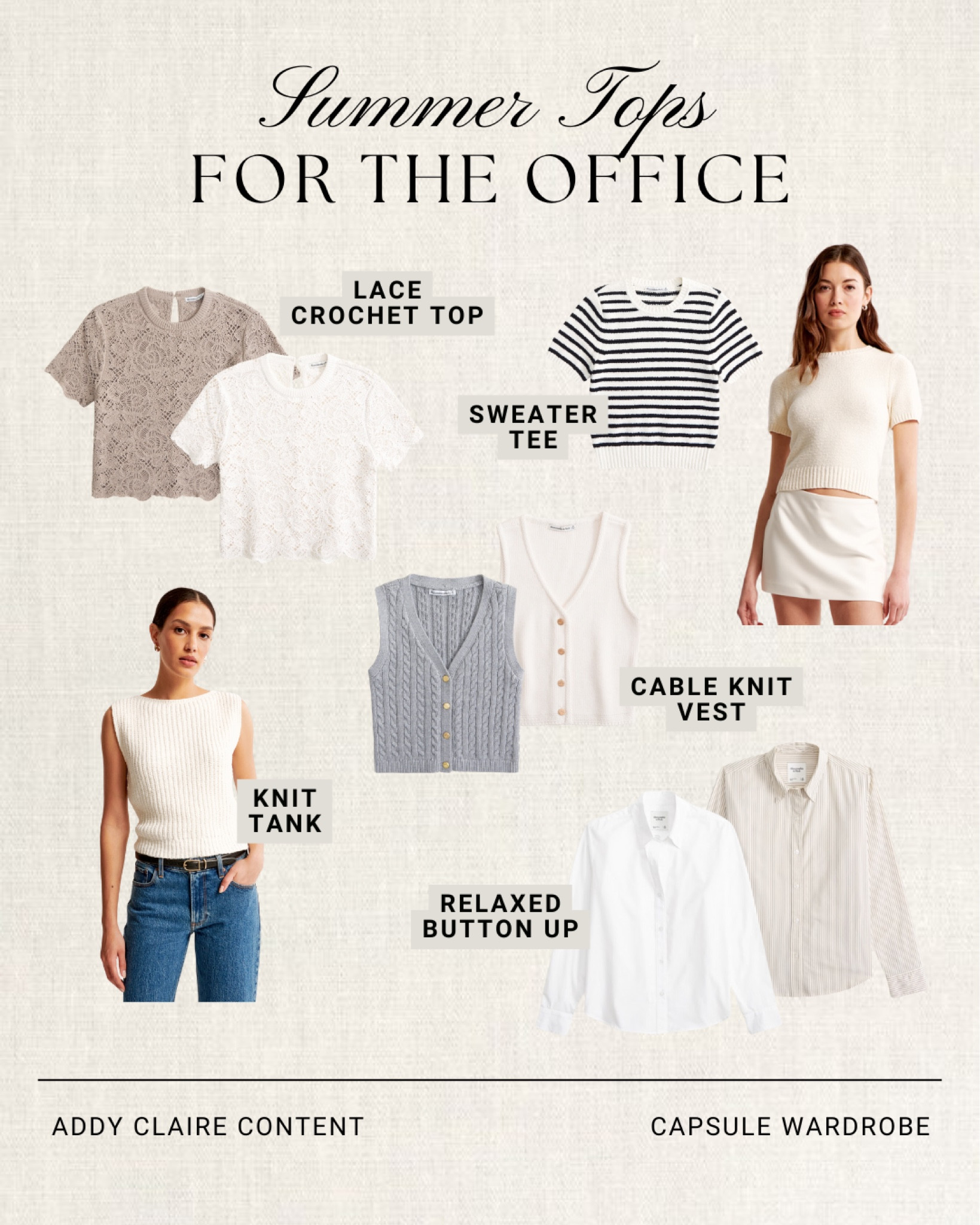 Summer Tops For the Office- Capsule Wardrobe Finds
Summer Workwear/ work outfit/ women's affordable blouse/ button down blouse/ abercrombie finds/ abercrombie sale/ summer outfits/ summer work outfits/ Capsule wardrobe Tops/ Summer capsule wardrobe/ womens waistcoat/ tailored vest outfit ideas

#LTKSaleAlert #LTKWorkwear #LTKSeasonal