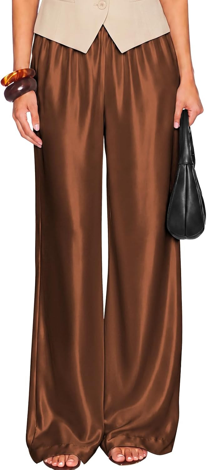Satin Wide Leg Dress Pants Silk Flowy Long Trousers for Women | Amazon (US)