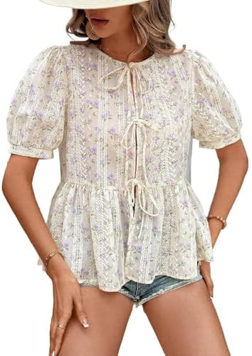 WDIRARA Women's Floral Print Bow Tie Front Blouse Puff Short Sleeve Round Neck Peplum Babydoll Sh... | Amazon (US)