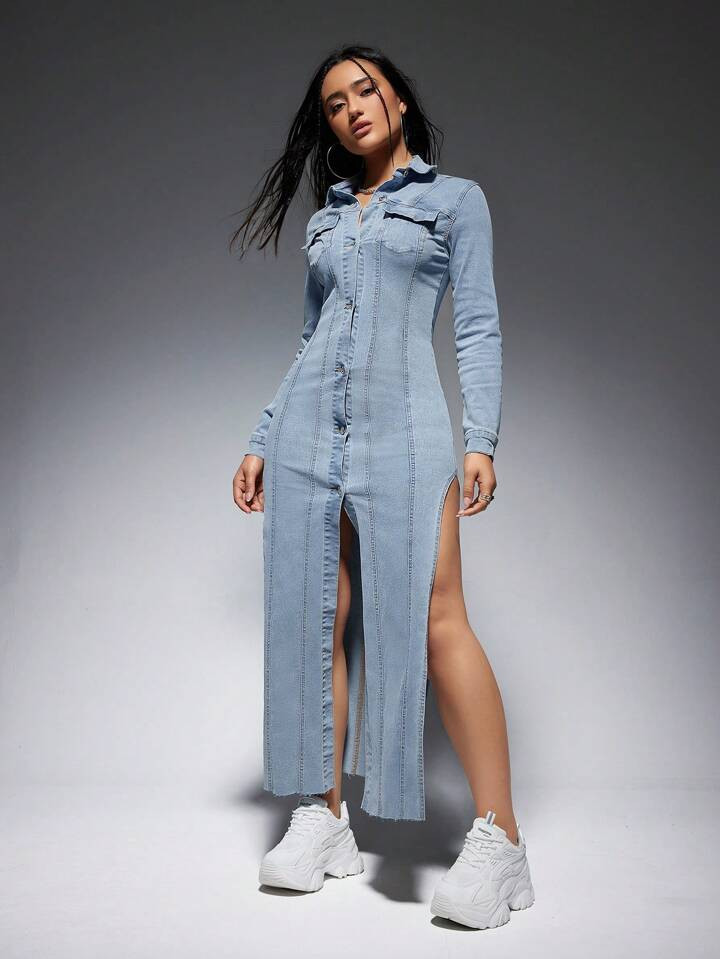 Flap Pocket Split Thigh Denim Dress | SHEIN