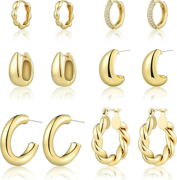 6 Pairs Gold Hoop Earrings for Women, 14K Gold Plated Chunky Huggie Hoop Earrings Set Hypoallerge... | Amazon (US)