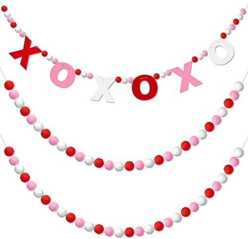 3 Pieces Valentine XOXO Felt Ball Garland,10Ft Felt Pom Pom Garland Valentines Decorations Hanging B | Amazon (US)