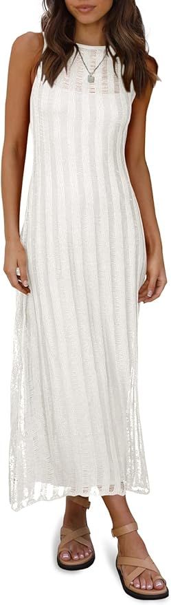 Fisoew Womens Crochet Knit Maxi Dress Summer Sleeveless Ribbed Beach Dress Cover Ups | Amazon (US)