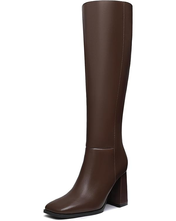 Athlefit Women's Knee High Boots Fashion Chunky Heel Square Toe Tall Boots Side Zipper Long Boots | Amazon (US)