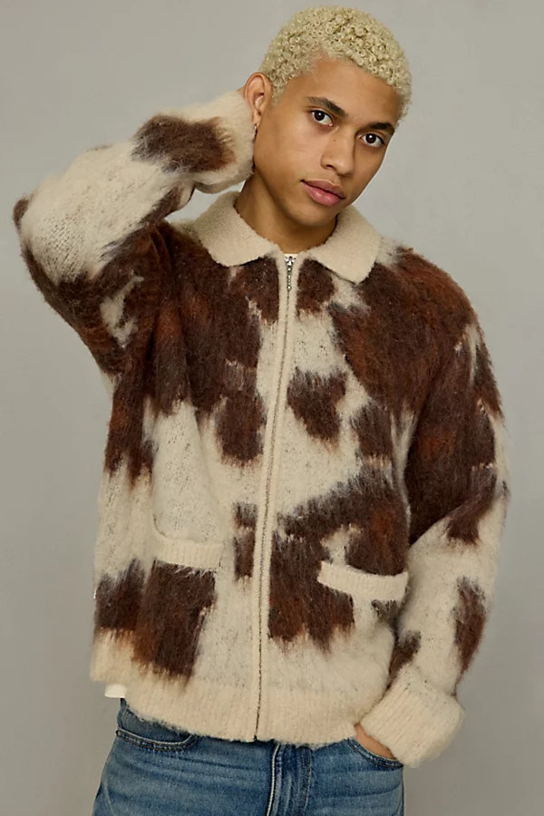 OBEY Cow Pattern Zip Sweater in Cow Print, Men's at Urban Outfitters | Urban Outfitters (US and RoW)