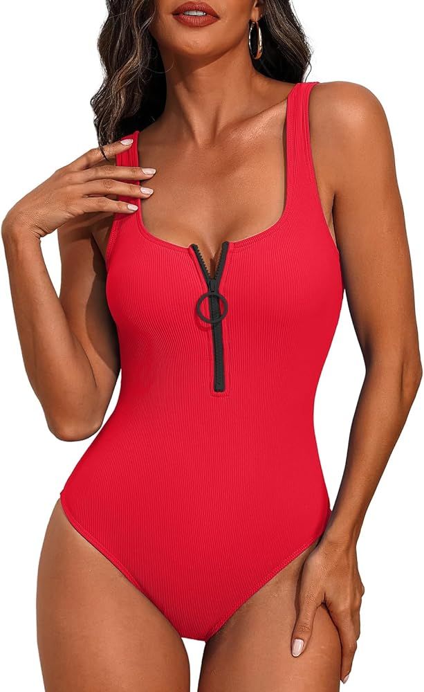 SOCIALA Womens One Piece Swimsuits Zipper Front Swim Suit Ribbed 1 Piece Bathing Suits Round Neck... | Amazon (US)