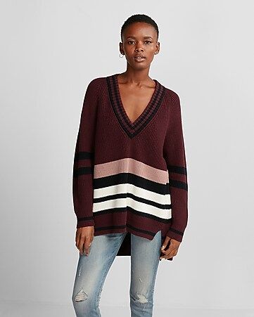 Stripe Oversized Deep V-neck Tunic Sweater | Express