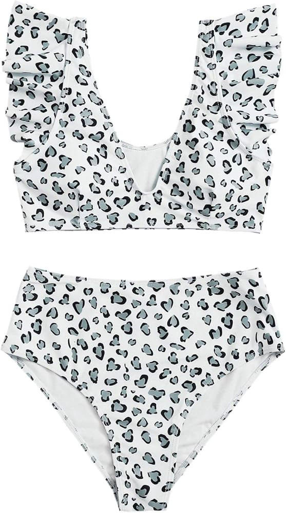 Floerns Women's Graphic V Neck Ruffle Sleeve High Waist Bikini 2 Piece Swimsuit | Amazon (US)