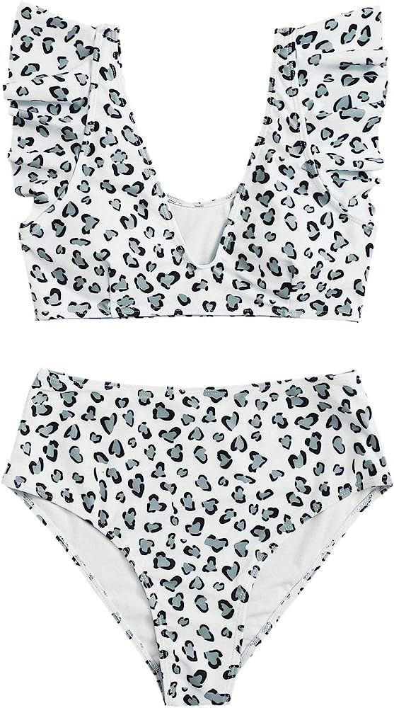 Floerns Women's Graphic V Neck Ruffle Sleeve High Waist Bikini 2 Piece Swimsuit | Amazon (US)