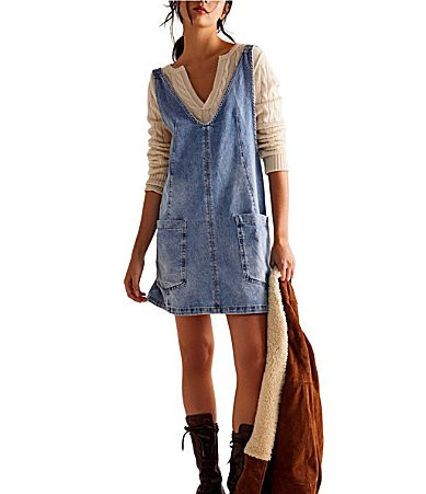 Free People We The Free High Roller Denim Scoop Neck Sleeveless Overall Dress - M | Dillard's