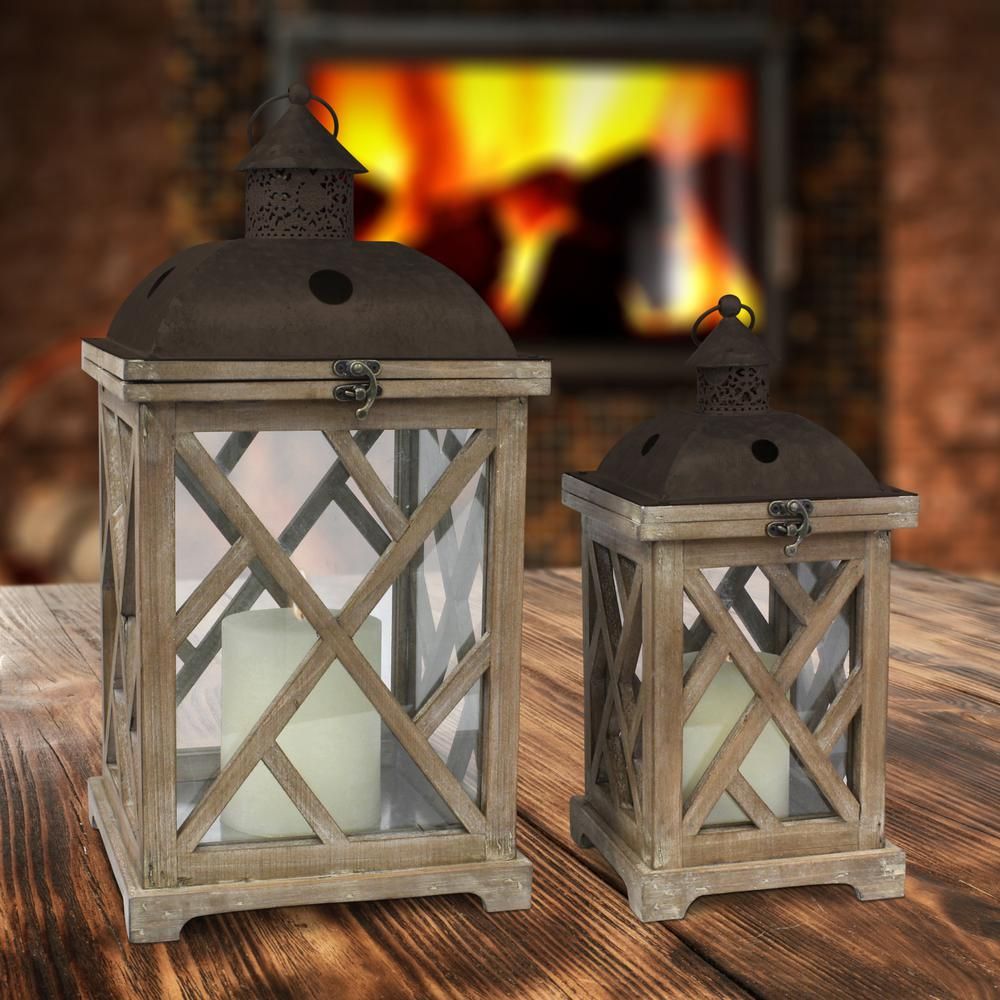 Brown Rustic Wood and Metal Candle Lanterns (Set of 2) | Home Depot