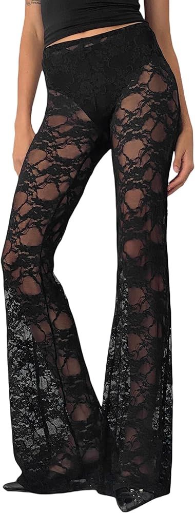 Sunloudy Women Lace Bell Pant Sexy See Through Flare Bottom Leggings Hollow Out Mesh Cover Up Tro... | Amazon (US)