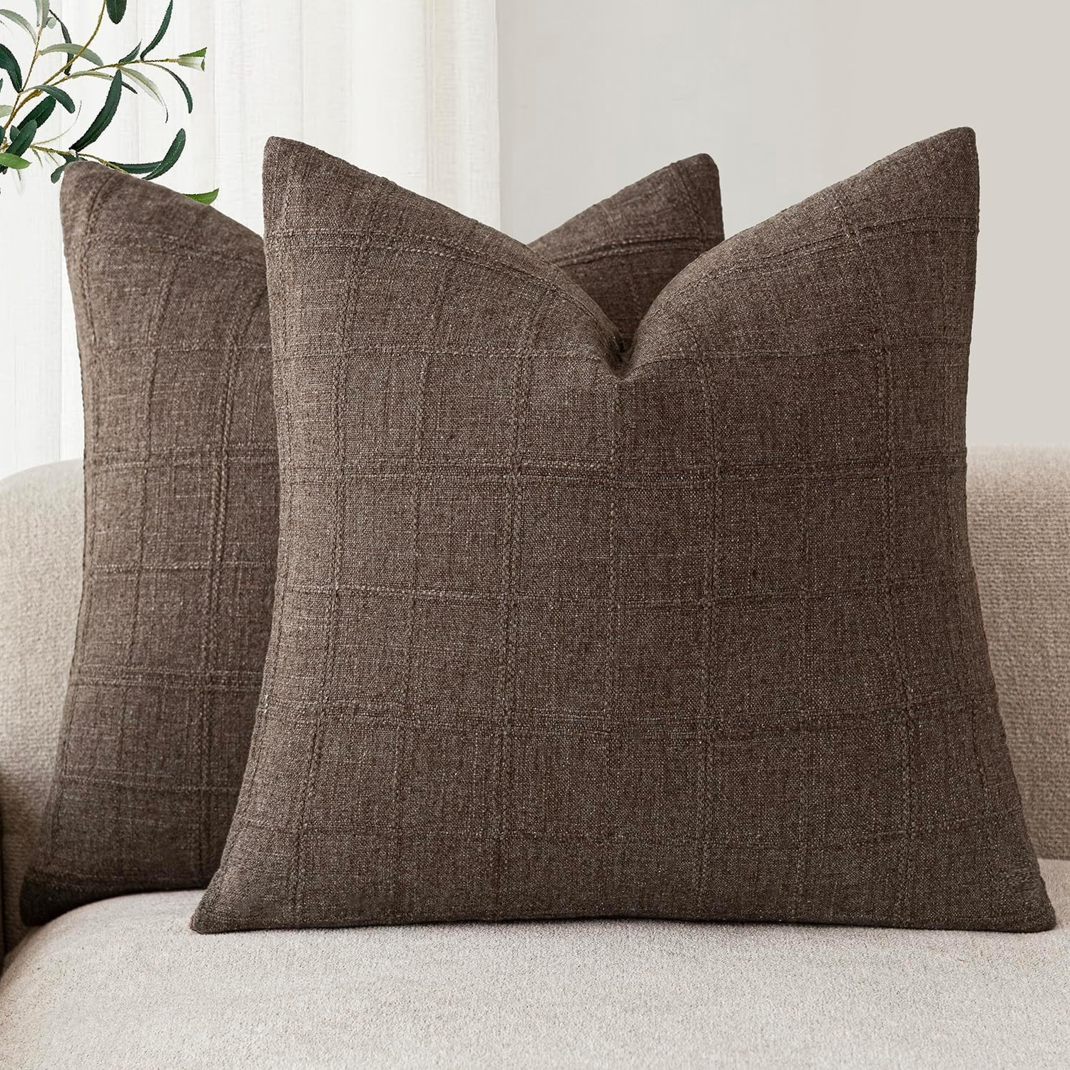 Foindtower Set of 2 Decorative Linen Check Throw Pillow Covers Neutral Farmhouse Vintage Cushion Covers Modern Boho Home Decor for Sofa Chair Couch Bedroom Living Room,24×24 Inch,Dark Brown | Amazon (US)