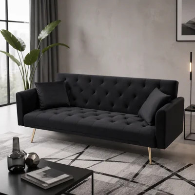 71-inch foldable double sofa, with American retro style, made of black velvet material, suitable for small living rooms, bedrooms and offices. | Wayfair North America