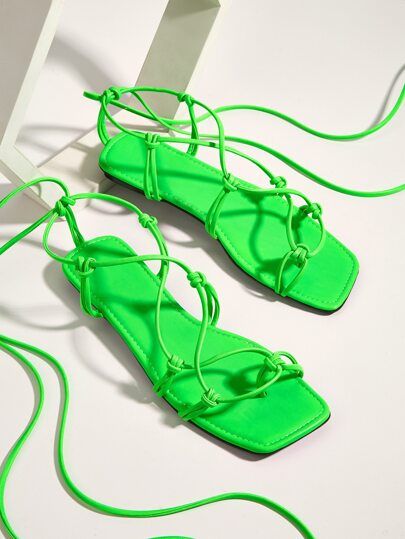 Neon Lime Tie Leg Flat Thong Sandals | SHEIN