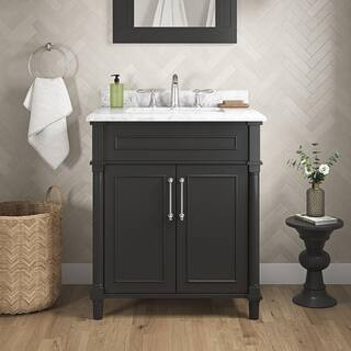 Aberdeen 30 in. Single Sink Black Bath Vanity with Carrara Marble Top (Assembled) | The Home Depot