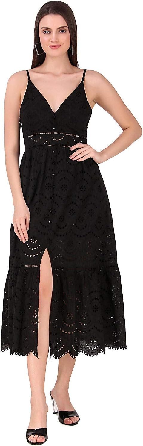 BoheeWohee Women's Schiffli Embroidery Pearl Button Boho Gypsy V-Neck Spaghetti Strap Maxi Dress | Amazon (US)