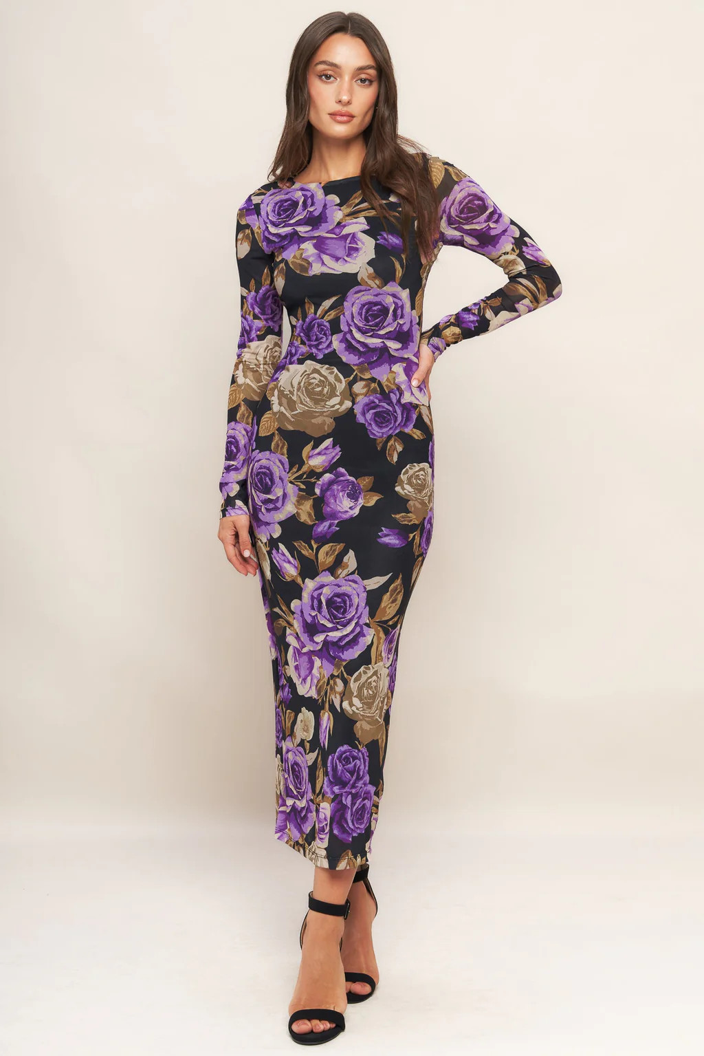VIOLET EMBRACE LONG SLEEVE POWER MESH MIDI DRESS | Lady Black Tie