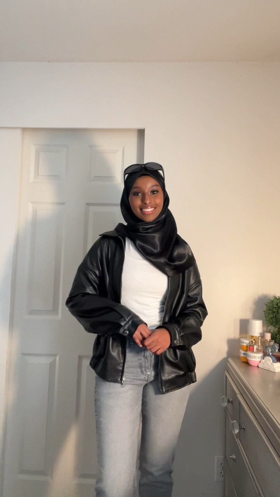 Satin hijab , with a leather bomber jacket , split hem jeans & knee high boots 💗 

Hijab outfit insp 

#LTKFind #LTKbeauty