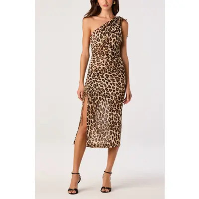 ASTR the Label Esmerande Polka Dot One-Shoulder Midi Dress in Black Nude Polkadot at Nordstrom, Size Small | Nordstrom