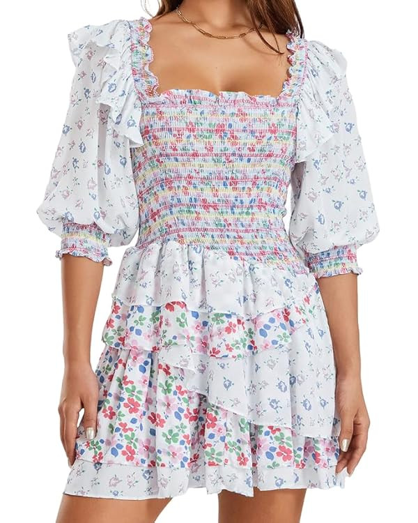 Womens Boho Long Sleeve Short Dress Puff Long Sleeve V Neck Layered Hem Ruffle Dress Floral Cockt... | Amazon (US)