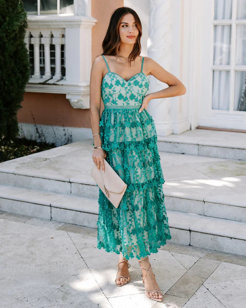 Pascal Tiered Crochet Lace Midi Dress - Teal | VICI