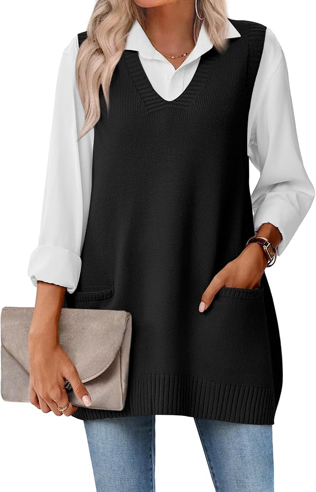 Zeagoo Women's Sweater Vest 2025 Oversized Sleeveless V Neck Pullovers with Pocket Knitted Fall O... | Amazon (US)