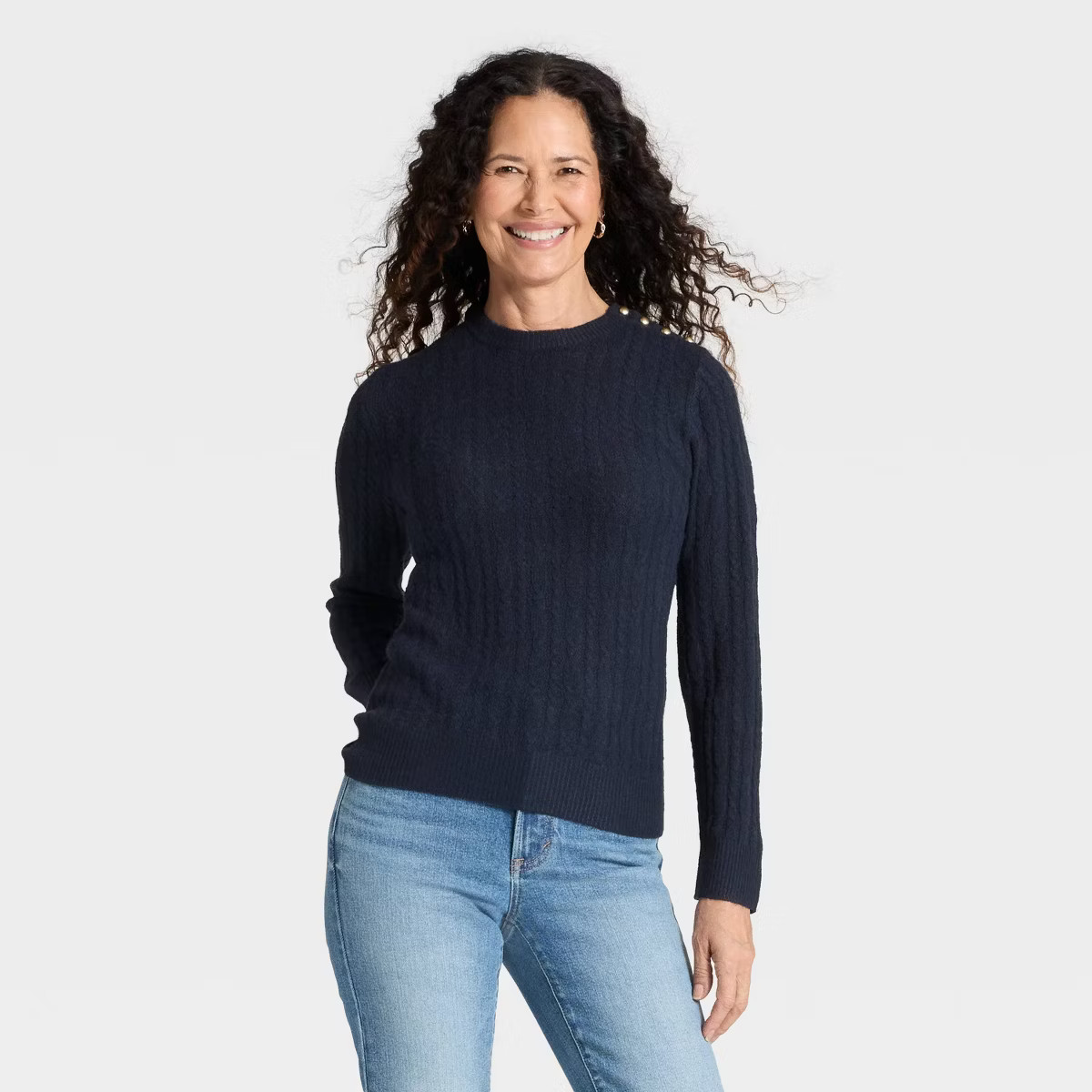 Women's Lace Stitch Crewneck Pullover Sweater - Universal Thread™ Navy Blue L | Target