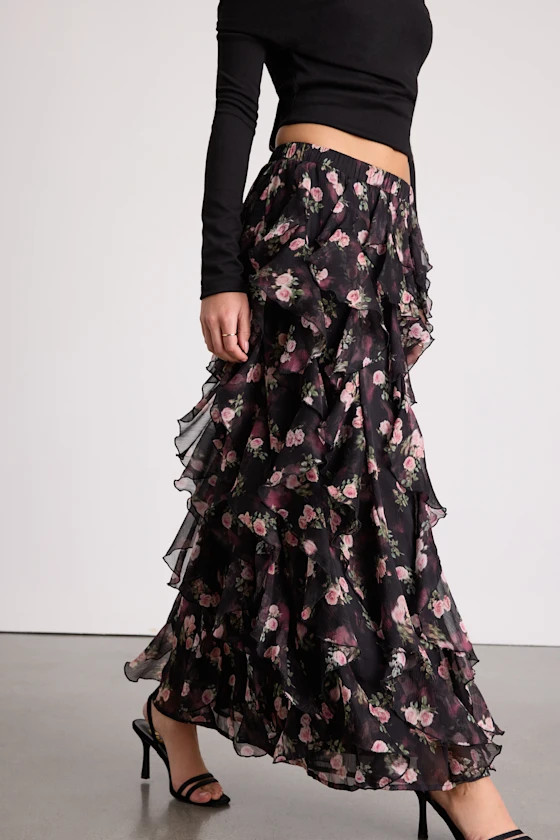 Carion Black Floral Ruffled Maxi Skirt | Lulus