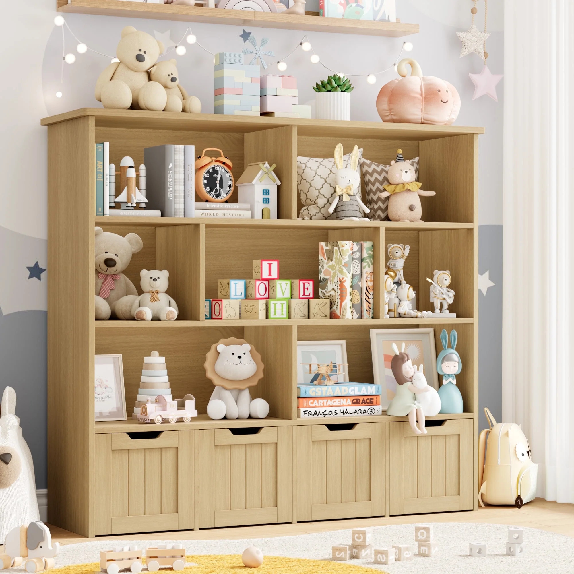 Homfa 7 Cube Toy Storage Organizer, Kids Geometric Bookcase and Bookshelf with 4 Drawers, Natural | Walmart (US)